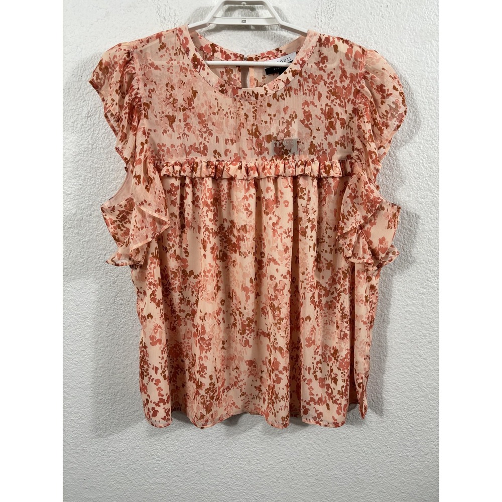 ELOQUII Elements Blouse Womens 26 Pink Floral Ruffle Flutter Sleeve Sheer Yoke